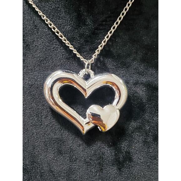 Women's Silver Tone Double Heart Style With Chain Necklace - Picture 2 of 6